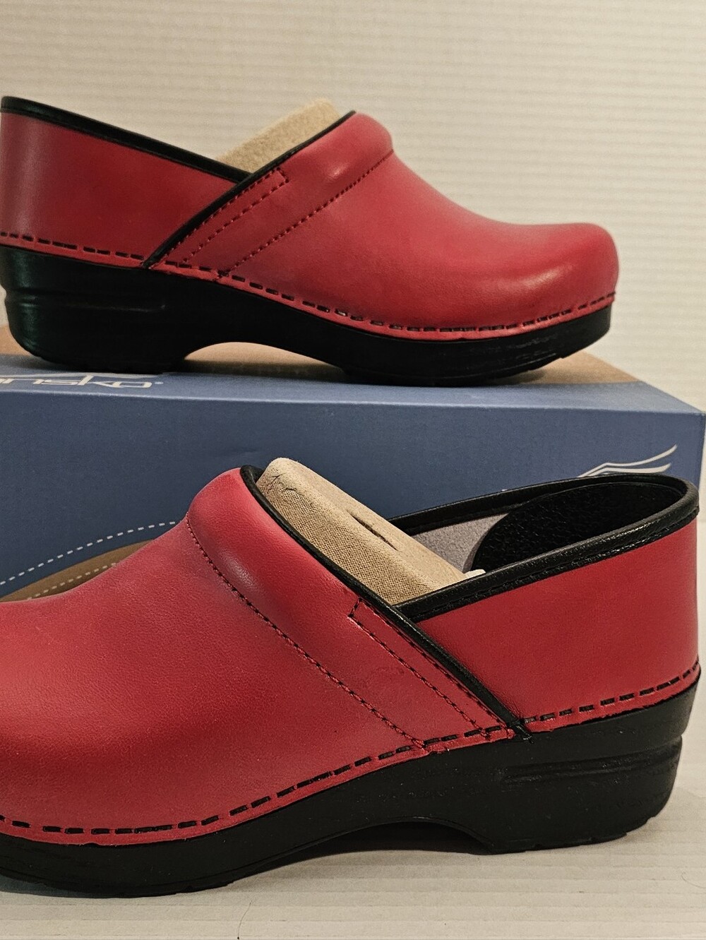 Dansko Red Leather Slip-On Clogs with Black Trim - Picture 4 of 15